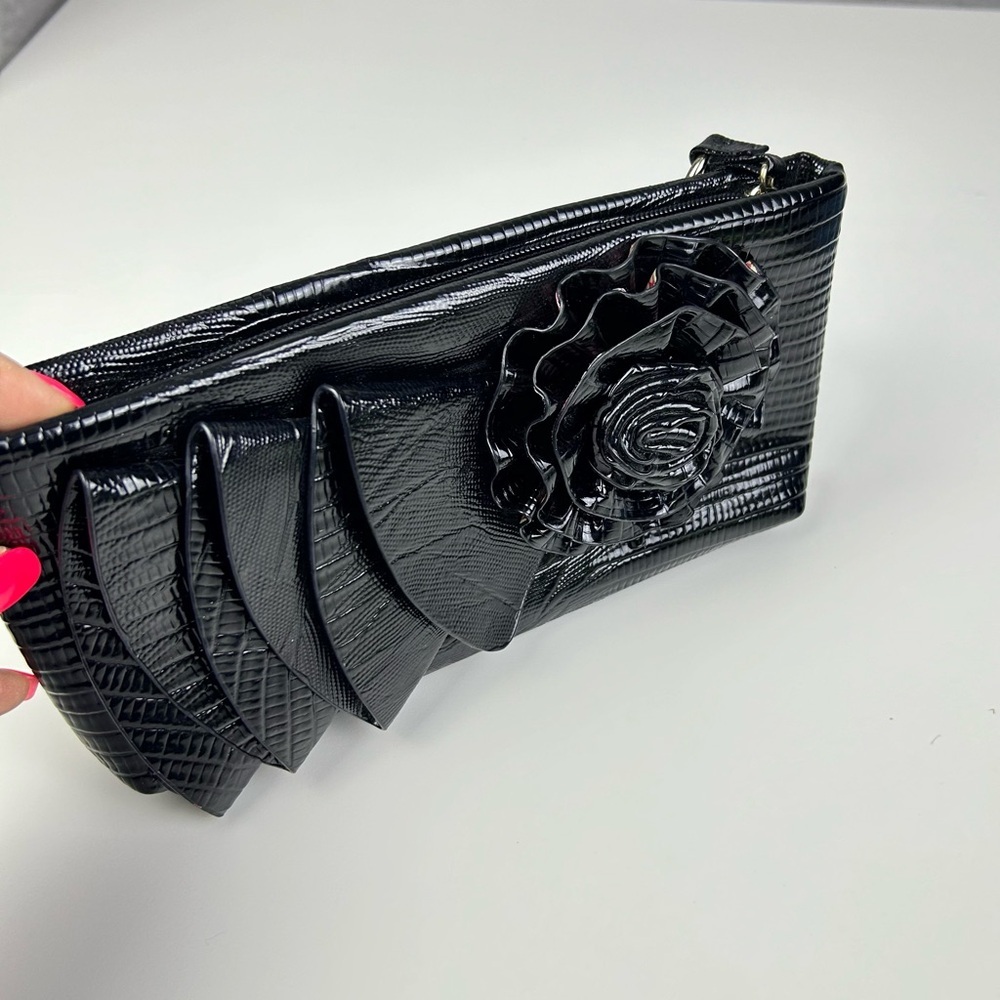 BIG BUDDHA Santa Barbara Black Patent Leather Clutch Wristlet Bag
